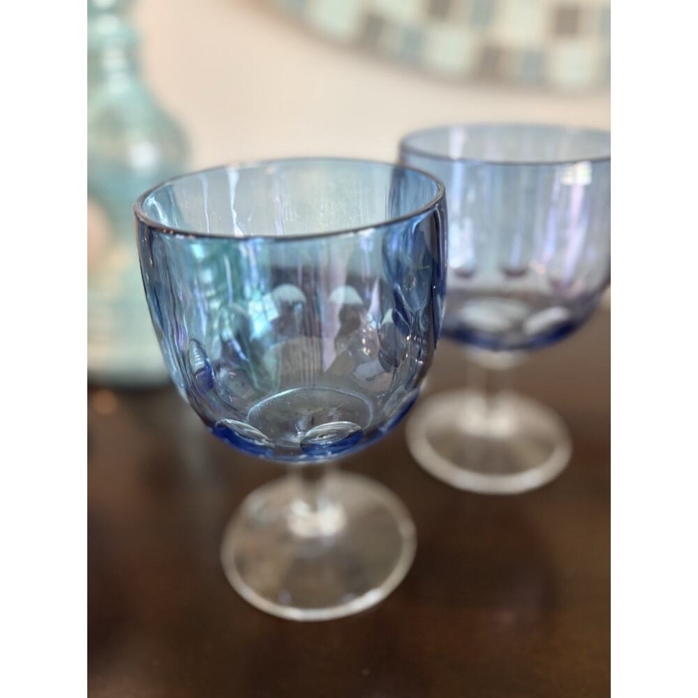Set 2 Vintage Bartlett Collins Iridescent Light Blue Thumbprint Goblets Glasses - Picture 2 of 8